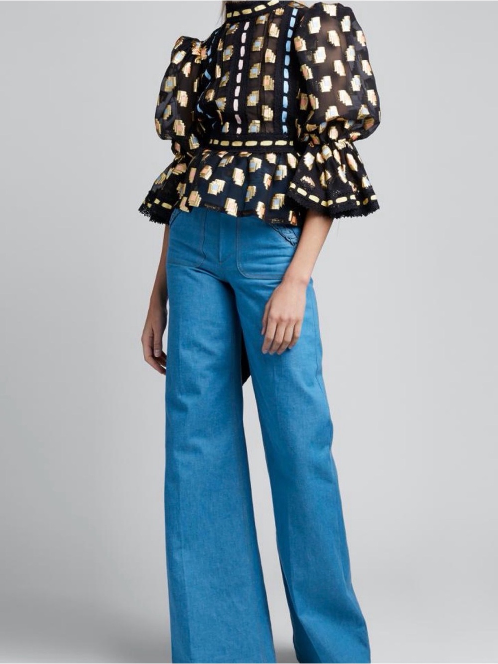 Marc Jacobs Black Sheer Peplum Blouse with Metallic Multi-Color Pattern Runway 4 - Picture 2 of 11
